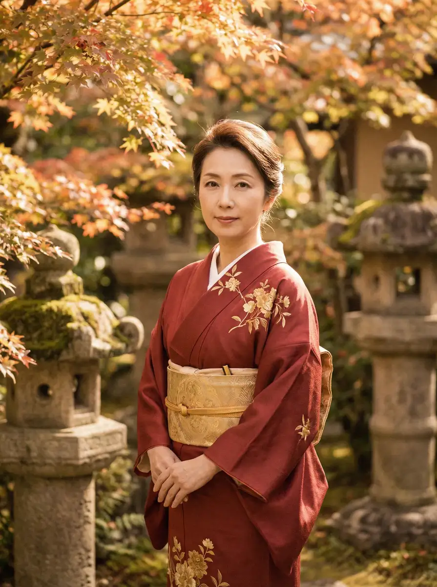 一位身穿暗红色和服的优雅 梦乃爱华 在日式庭院中
